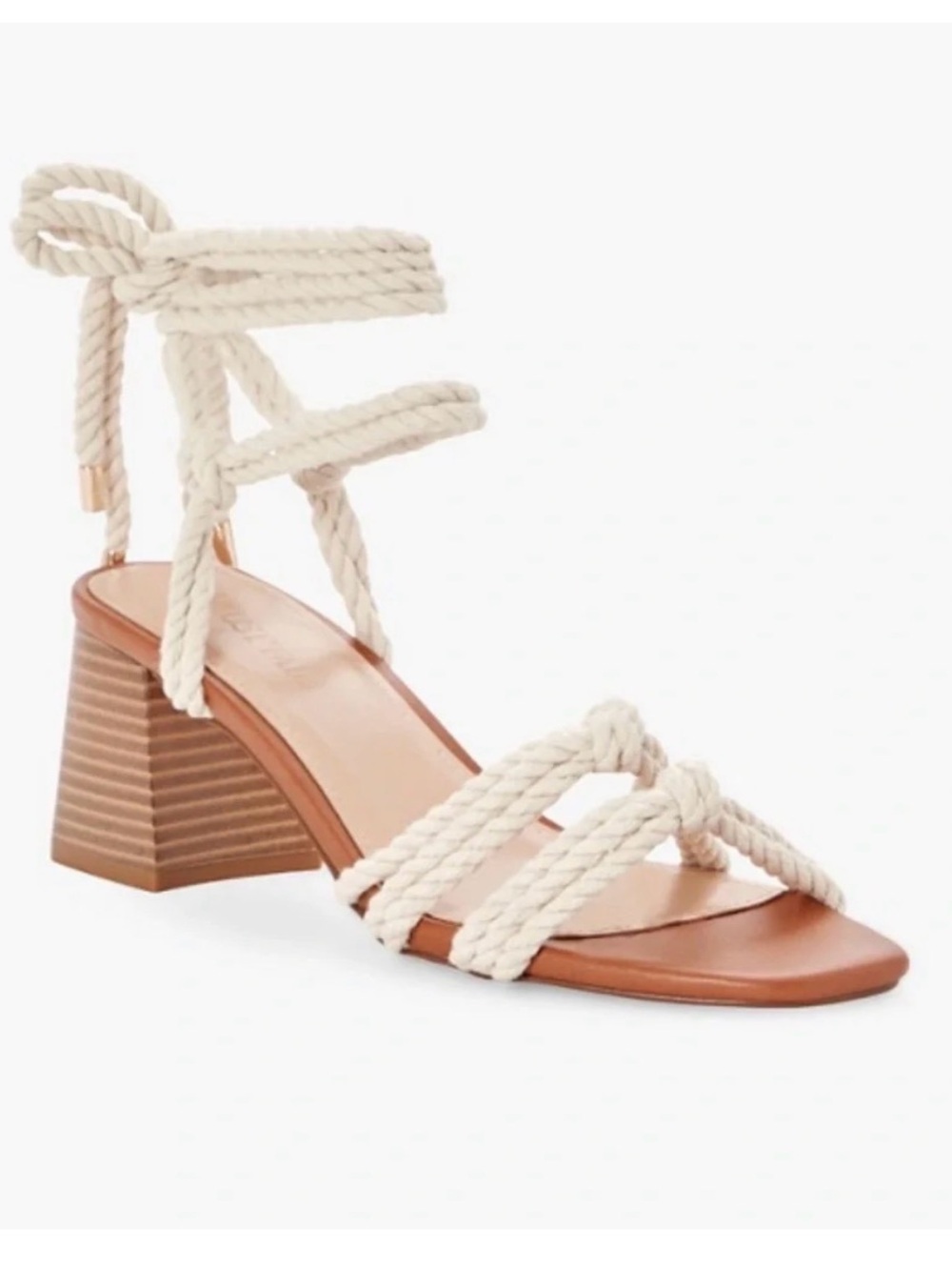 JustFab Cream Rope Tie Block Heel Sandal with Tan Sole
